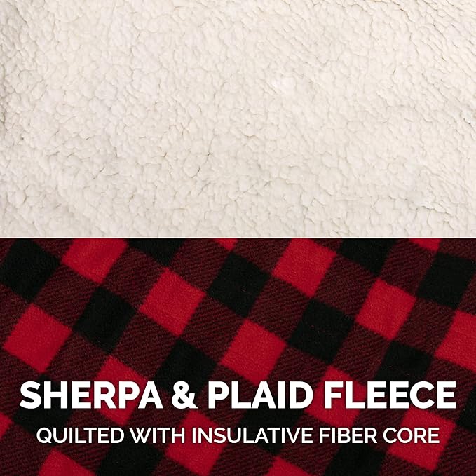 Furhaven Reversible Small Dog Coat, Washable & Insulating w/ Leash Access - Sherpa & Plaid Fleece Flex-Fit Jacket - Cream/Red, Small