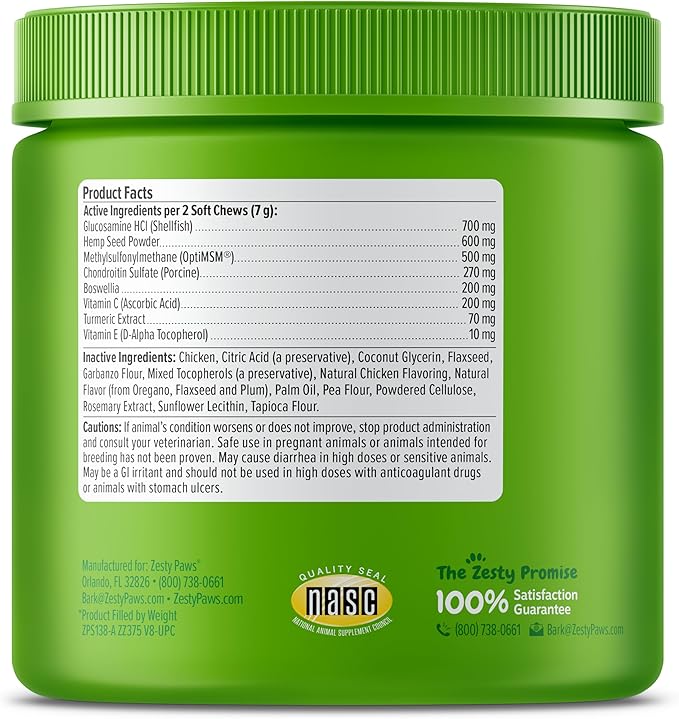 Zesty Paws Mobility Bites Dog Joint Supplement - Hip and Joint Chews for Dogs - Pet Products with Glucosamine, Chondroitin, & MSM + Vitamins C and E for Dog Joint Relief – Hemp - Chicken – 90 Count