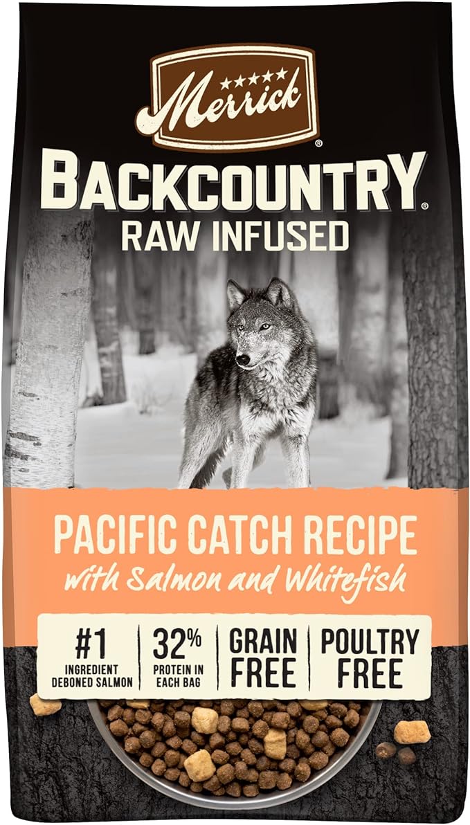 Merrick Backcountry Grain Free Dry Adult Dog Food, Kibble With Freeze Dried Raw Pieces, Pacific Catch With Salmon - 20.0 lb. Bag