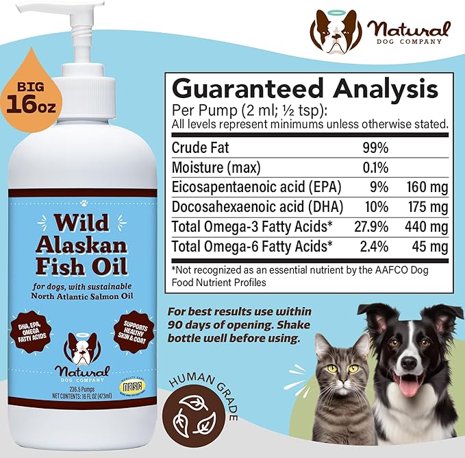 Natural Dog Company Wild Alaskan Fish Oil for Dogs and Cats (16oz) - Blend of Pollock Oil & Wild Salmon Oil for Dogs - EPA, DHA & Omega 3 for dogs - Reduces Shedding, Nourishes Skin, Coat & Joints