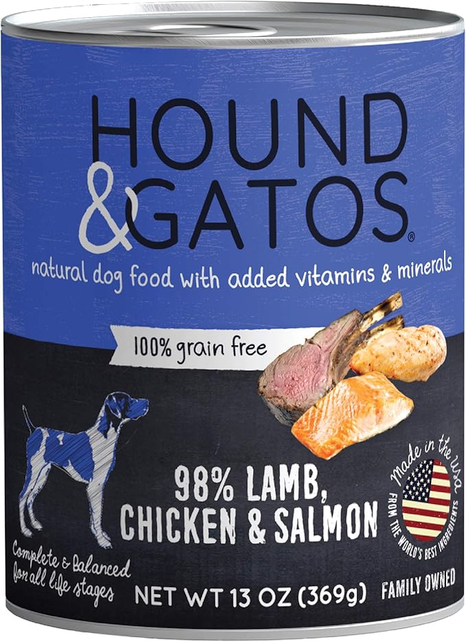Hound & Gatos Wet Dog Food, 98% Lamb, Chicken & Salmon, case of 12, 13 oz cans