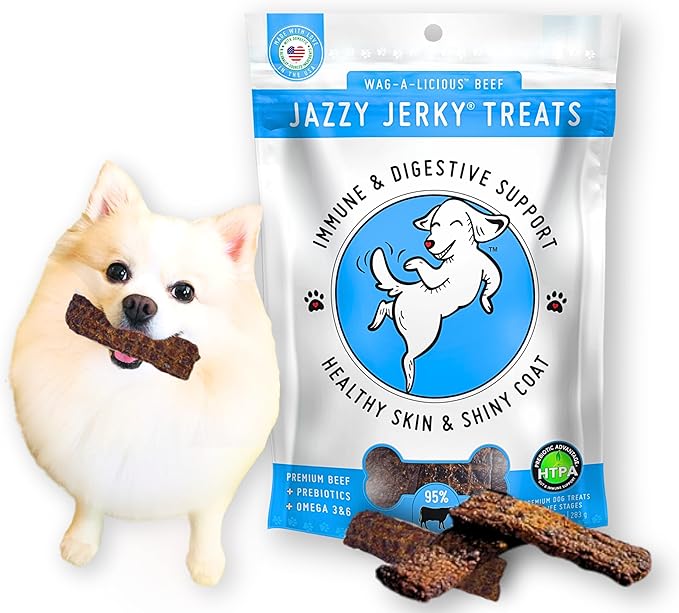 Jazzy Jerky Treats for Dogs, Wag-A-Licious Beef with Prebiotics for Gut & Immune Health, Omega 3s & 6s for Skin & Coat Health, Made in USA, Small-Large Dogs,10 oz