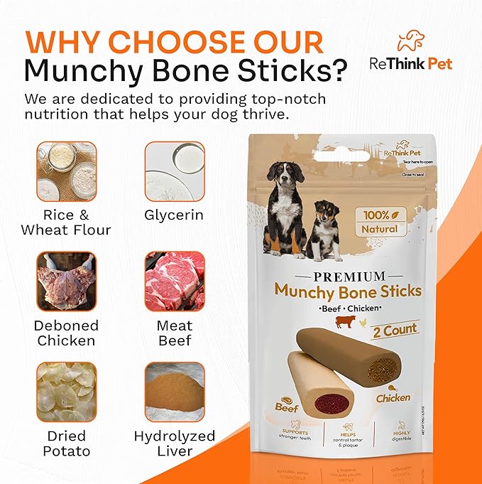 Premium Munchy Bone Sticks for Pets, Long Lasting Dog Chews for Aggressive Chewers, 2pc