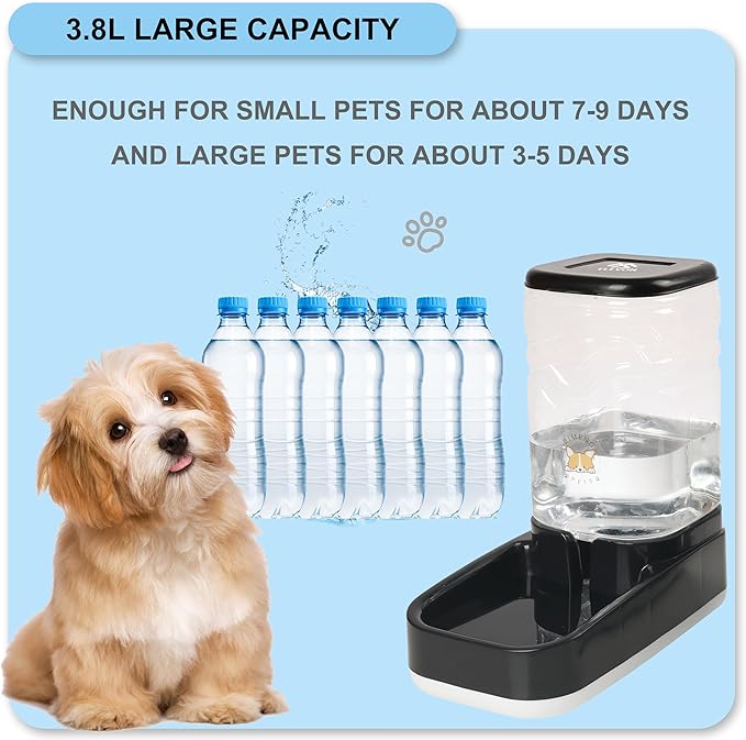 Automatic Pet Water Feeder, 3.8L Gravity Cat Water Dispenser with Cat Water Bowl, Large Capacity Water Feeder for Kitten & Small and Medium-Sized Dogs (Black)