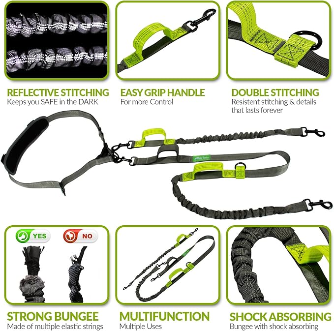 Hands Free Dog Leash for Running +Training Leash Walking & Double Dog Leash Coupler Set, Fits 2 Dogs - Bungee Leash & Reflective Leash - Adjustable Waist Belt & Retractable Leashes Take Yankee