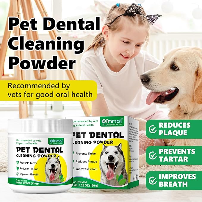 4.23 OZ Dog Teeth Cleaning Powder, Pet Dental Powder for Teeth Cleansing, Bad Breath Freshening, Plaque & Tartar Removal, Dental Care, 120 G