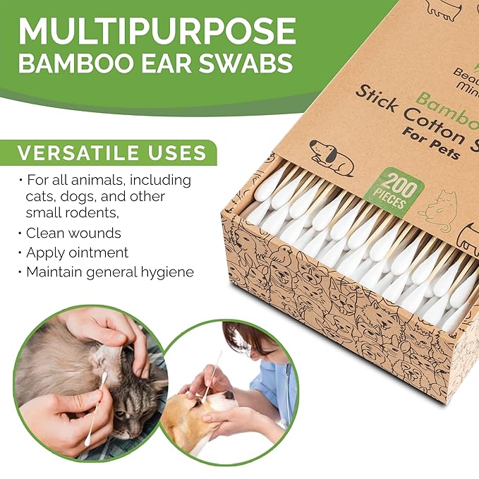 Cotton Swabs for PETS - Long 6'' Bamboo Sticks & Medium Large 0.35" Cotton Tips - Biodegradable, Eco-Friendly & Double Tipped - Pack of 200 (Drawer Box)