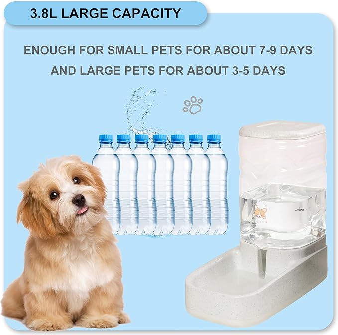 Automatic Pet Water Feeder, 3.8L Gravity Cat Water Dispenser with Cat Water Bowl, Large Capacity Water Feeder for Kitten & Small and Medium-Sized Dogs (White & Grey)