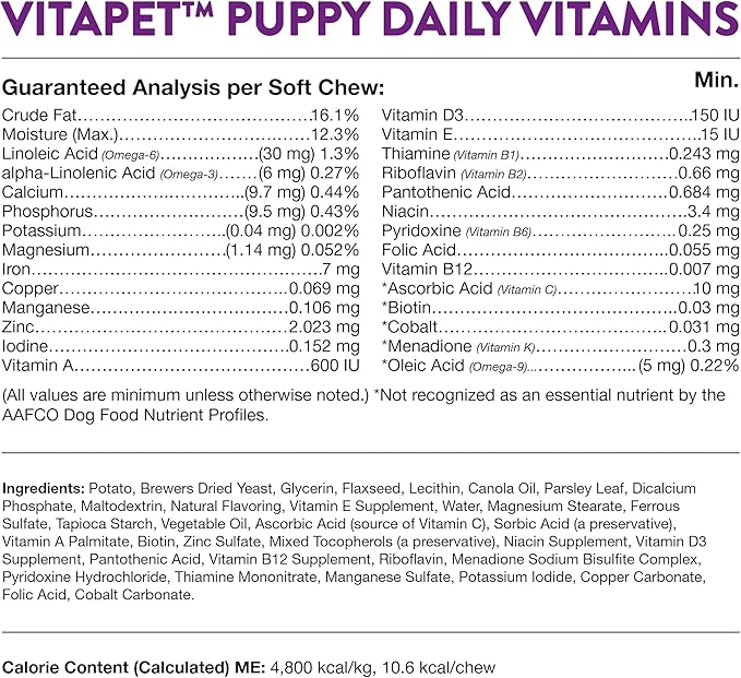 NaturVet – VitaPet Puppy Daily Vitamins for Dogs – Plus Breath Aid – Specifically Formulated to Provide Puppies with Essential Vitamins, Minerals, Amino Acids & Fatty Acids (70 Soft Chews)