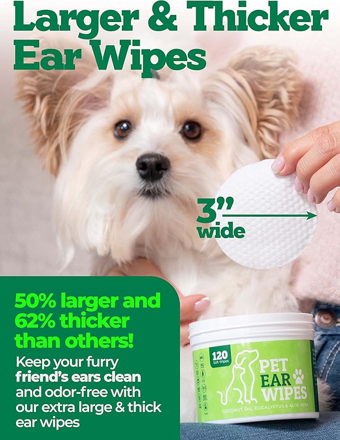120ct Pet Ear Wipes for Dogs w/Itch Relief | Natural Coconut Oil, Eucalyptus & Aloe | Irritation Relief, Easy Otic Wax Cleaner Solution Pets