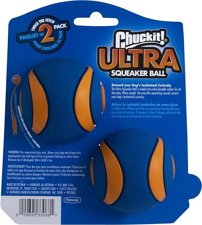 Chuckit Ultra Squeaker Ball Dog Toy, Medium (2.5 Inch) 2 Pack, for Medium Breeds