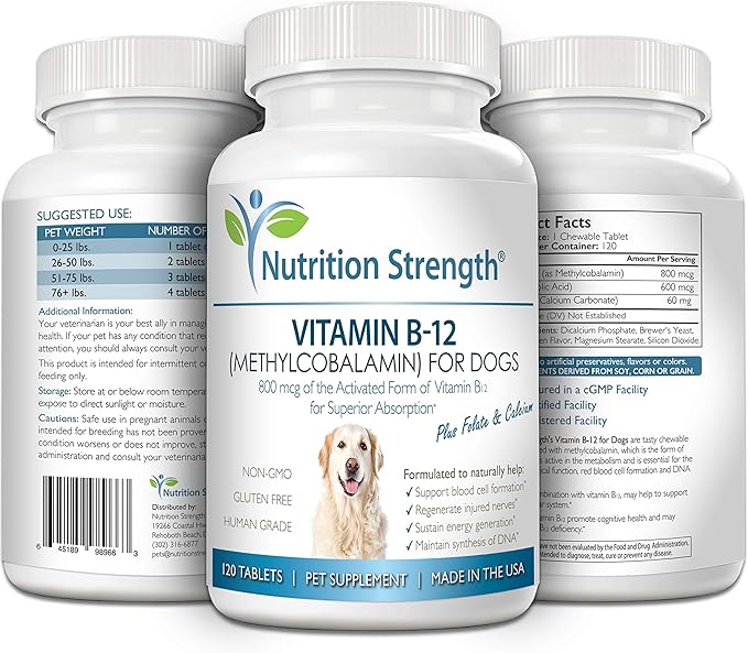 Vitamin B12 for Dogs Plus Folate & Calcium, Support the Nervous System & Blood Cell Formation, Help Sustain Cellular Energy Generation & Maintain DNA Synthesis, 120 Chewable Tablets