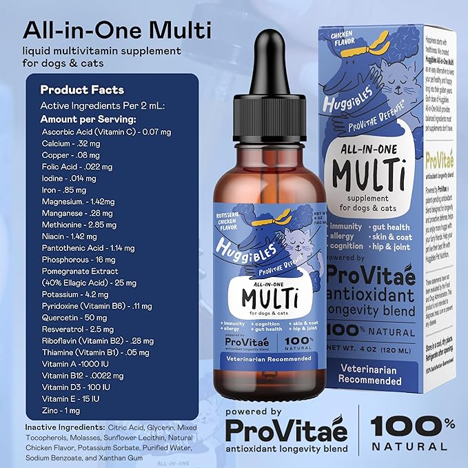 All-in-One Multi Liquid Multivitamin for Dogs and Cats – Daily Supplement with Digestive, Immunity, Allergy & Skin & Coat Support, Mobility Support – Antioxidant Blend for Longevity, 4oz