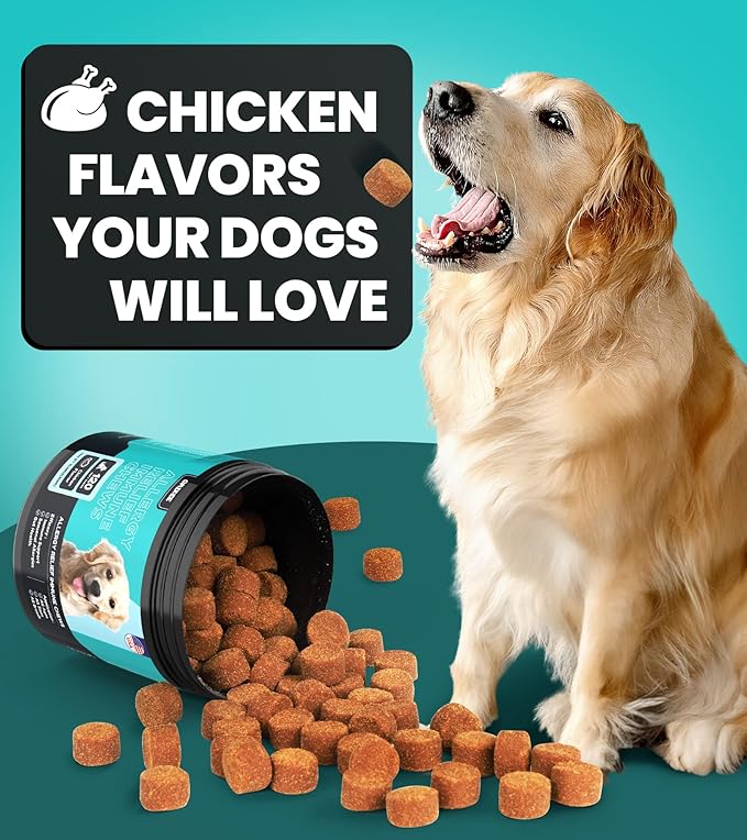 Dog Allergy Chews for Seasonal Allergies, Dog Allergy Relief with Omega 3, Probiotics & Natural Ingredients, Itch Relief for Dogs Allergy, Itching, Paw Biting, Skin Health 120 Ct Chicken Flavor