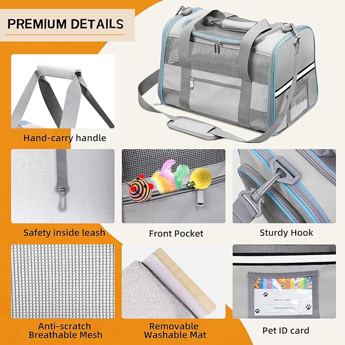 Cat Carrier Dog Carrier Pet Carrier Airline Approved for Small Dogs Medium Cats Puppies Under 15 lbs, Collapsible Soft Sided Dog Travel Carriers for Puppy and Kitten, Light Grey