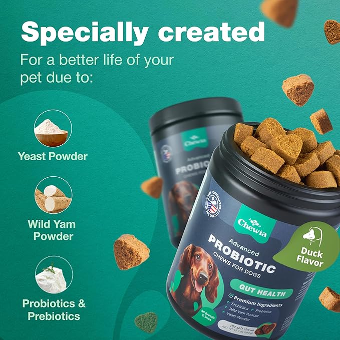 Canine Probiotic Chewables - Gut Health with Probiotics, Prebiotics, Yeast Powder - Vet Formulated for All Dog Breeds & Sizes