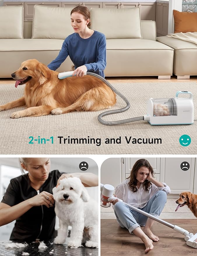 Hicozy S1+ Dog Grooming Vacuum, Minimum 45dB Pet Friendly Cozy Mode™, 12Kpa/120V AC Dog Hair Vacuum with 2L Dust Cup, 6 Professional Grooming Tools Pet Vacuum Grooming Kit, Blue