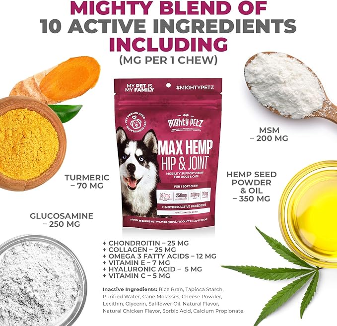 Mighty Petz MAX Hemp Joint Supplement for Dogs - Glucosamine Chondroitin for Dogs. Advanced Mobility Support, Hip & Joint Relief Chews with MSM, Turmeric & Omega-3