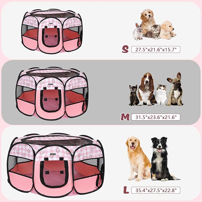 Foldable Dog Playpen Cat Puppy Playpen Indoor Pop Up Pet Animal Playpen Outdoor Kennel Cage Pen Tent for Small Medium Dog Puppy Cat Kitten Rabbit - Small, Pink