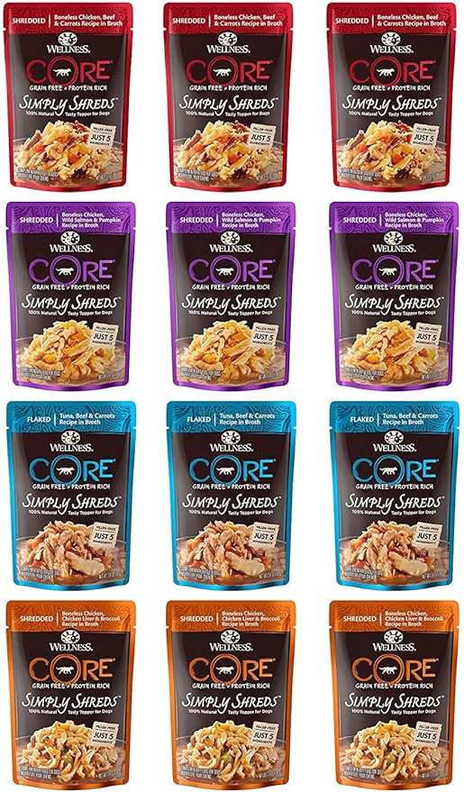 Wellness CORE Simply Shreds Natural Grain Free Wet Dog Food Toppers Variety Pack, 4 Flavors, 2.8 ounce Each (12 Total Pouches)