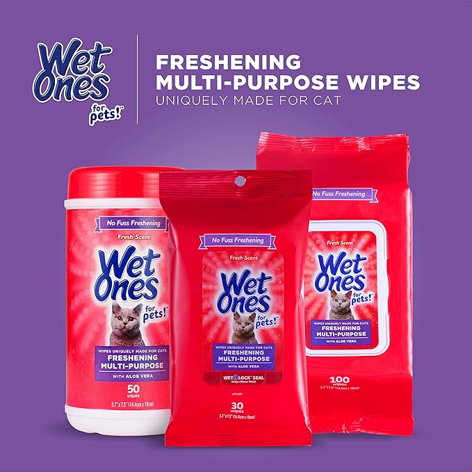 Wet Ones for Pets Freshening Multipurpose Wipes for Cats with Aloe Vera, 50 Count - 12 Pack | Easy to Use Cat Cleaning Wipes, Freshening Cat Grooming Wipes for Pet Grooming in Fresh Scent