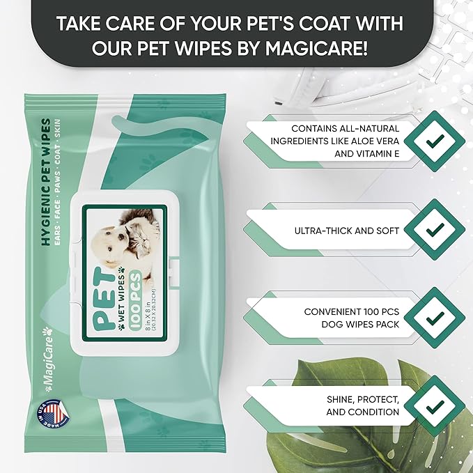 MAGICARE Grooming Wipes for Dogs & Cats - 100 Dog Wipes for Cleaning Paws, Ears and Butt - Unscented Deodorizing Pet Wipes for Dogs with Sensitive Skin - Proudly Made in USA