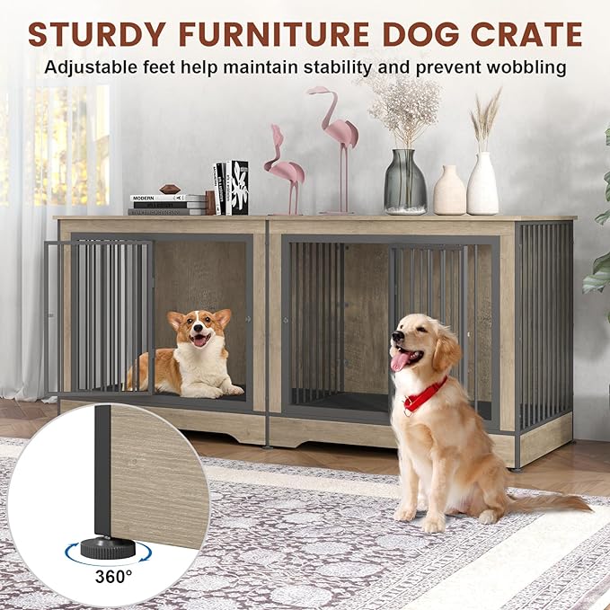 75 Inch Double Dog Crate Furniture for 2 Large Dogs with Trays, 3-in-1 Grey Large Double Dog Kennel TV Stand with Divider
