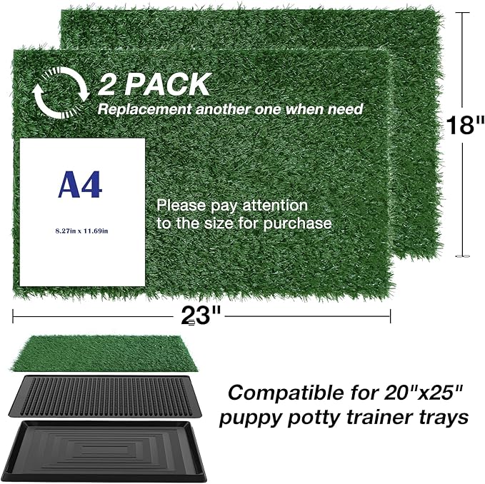 Dog Grass Pee Pad, 2 Packs Replacement Artificial Grass Patch for Potty Tray, Reusable Puppy Training Turf Mat, High Drainage - 23 x 18 Inches