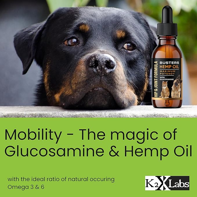 Busters Hip and Joint Hemp Oil Formula enriched with Glucosamine, Pain Relief for Dogs and Pets, Arthritis, and Advanced Mobility Support