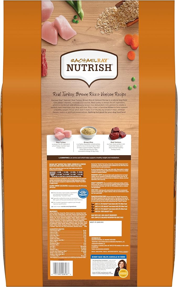 Rachael Ray Nutrish Dry Dog Food, Turkey, Brown Rice & Venison Recipe for Weight Management, 26 Pounds
