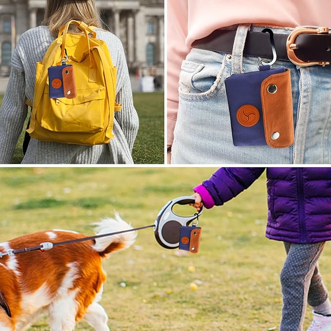 Dog Poop Bag Holder, Portable Dog Poop Bag Dispenser with 1 Metal Clip, Orange Button Canvas Poop Pag Polders for Leashes
