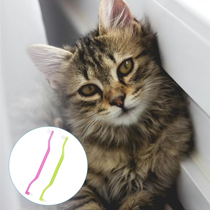 2pcs Dual Sided Cat & Dog Toothbrushes 6.3x0.63in Kitten Puppy Teeth Cleaning Brush Micro Head Pets Kitty Dental Care for Prevent Bad Breath & Plaque Tartar Formation (Pink,Green)
