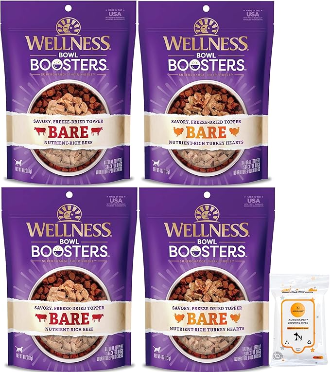Bundle (4) Wellness CORE Bowl Boosters Freeze-Dried Dog Food Mixer or Topper (2) Bare Turkey (2) Bare Beef with AuroraPet Wipes