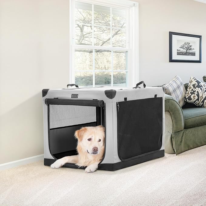 Petsfit 36 Inch Dog Crates, Adjustable Fabric Cover by Spiral Iron Pipe, Chew Proof 3 Door Design, Soft Collapsible Dog Kennel Grey