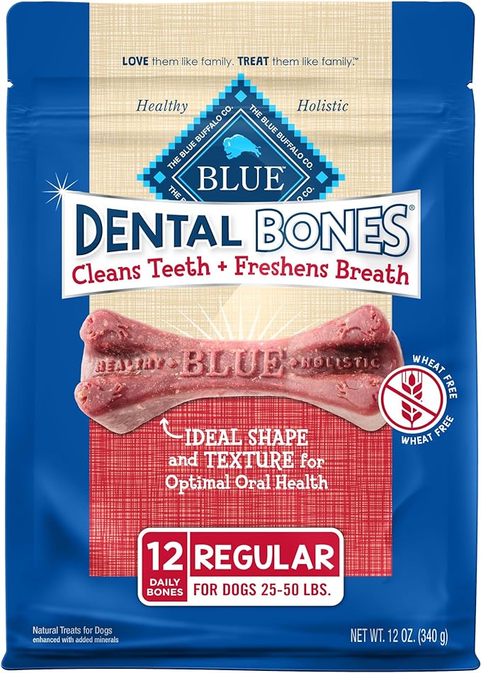 Blue Buffalo Dental Bones Regular Natural Dental Chew Dog Treats, (25-50 lbs) 12-oz Bag