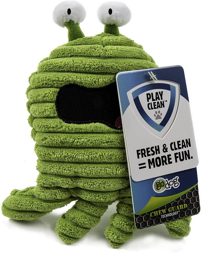 goDog PlayClean Germs Squeaky Plush Dog Toy with Odor-Eliminating Essential Oils, Chew Guard Technology - Green, Small