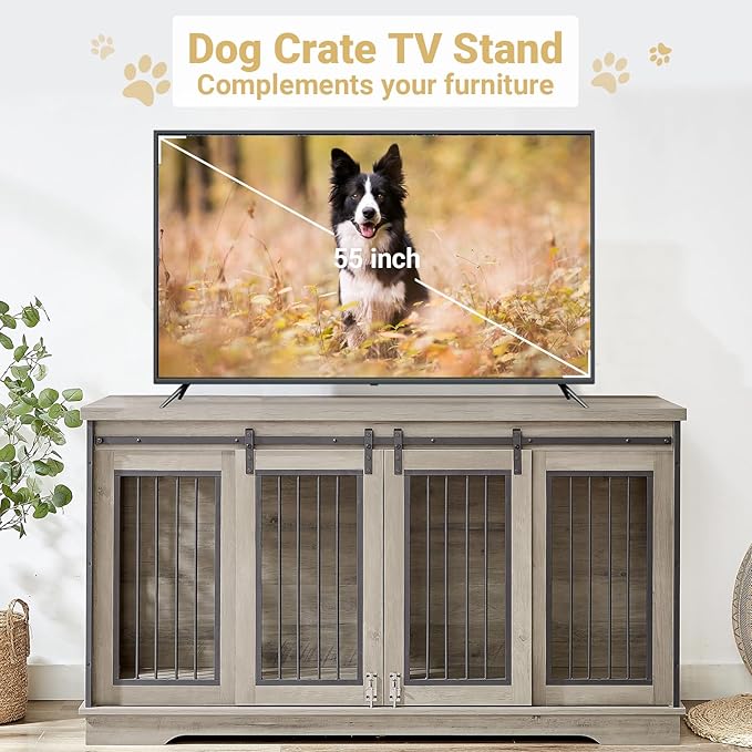 61'' Double Dog Crate Furniture for 2 Dogs, Large Double Dog Kennel Furniture TV Stand, Heavy Duty Dog Crate, Furniture Style Dog Crate End Table, Wood Crates for Dogs Kennel Indoor