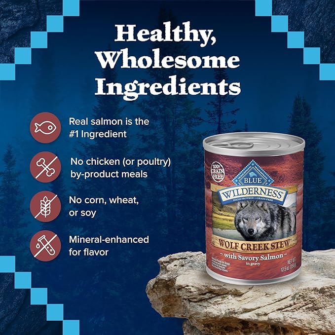 Blue Buffalo Wilderness Wolf Creek Stew High Protein, Natural Wet Dog Food, Savory Salmon Stew in gravy 12.5-oz cans (Pack of 12)
