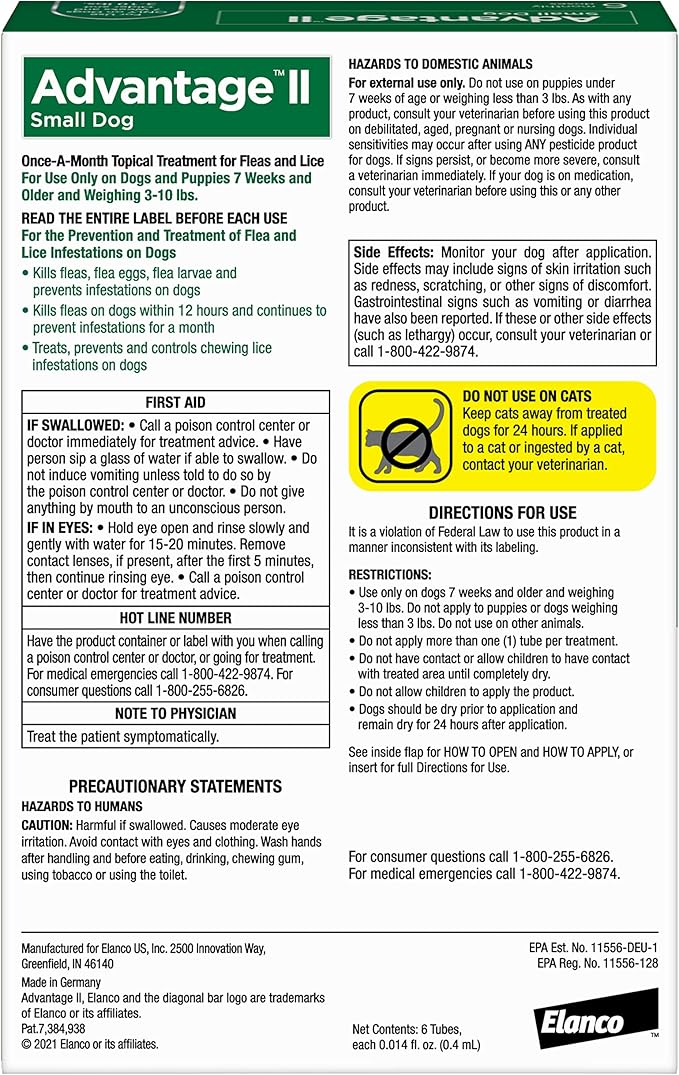 Advantage II Small Dog Vet-Recommended Flea Treatment & Prevention | Dogs 3-10 lbs. | 6-Month Supply