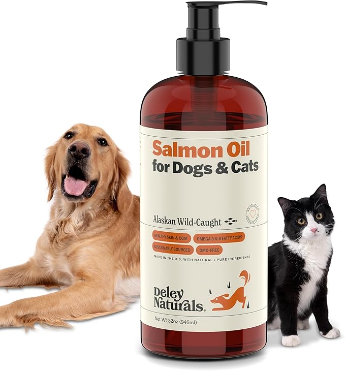 Deley Naturals Premium Alaskan Wild Caught Salmon Oil for Dogs and Cats - Omega-3 Rich Fish Oil Supplement for Healthy Skin, Coat, and Joints - All-Natural, Sustainably Sourced - 32 Oz
