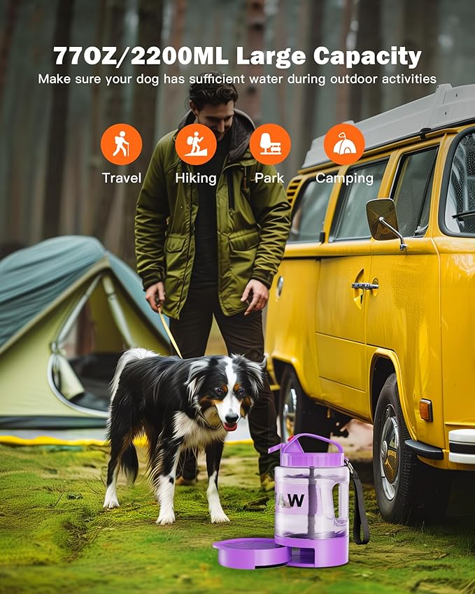 77oz Dog Travel Water Bottle with Pull-out Drinking Bowl, Portable Dog Water Bowl Dispenser Suitable for Large, Medium, and Small Dogs When Going Out for Camping, Travel, Dog Park Play, Purple