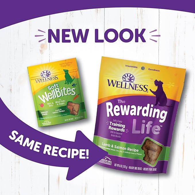 Wellness Rewarding Life Grain-Free Soft Dog Treats, Made in USA with Healthy Ingredients, Ideal for Training (Lamb & Salmon, 6-Ounce Bag)