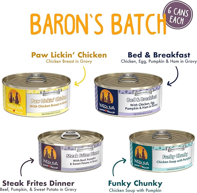 Weruva Classic Dog Food, Variety Pack, Baron's Batch, Wet Dog Food, 5.5oz Cans (Pack of 24)