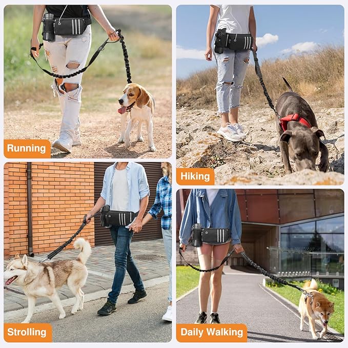 Pawaboo Hands Free Dog Leash with Waist Bag, Dog Leash with Zipper Pouch, Retractable Dog Running Belt Bag, Dog Walking Leash Shock Absorption, Padded Handle Lead for Jogging Hiking (25-120 lbs)
