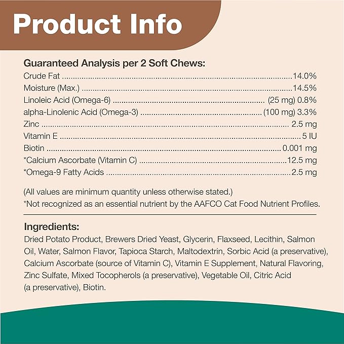 NaturVet – Skin & Coat Plus Omegas for Cats – 60 Soft Chews | Supports Healthy Skin & Glossy Coat | Enhanced with Omega-3, Omega-6 & Biotin | 30 Day Supply
