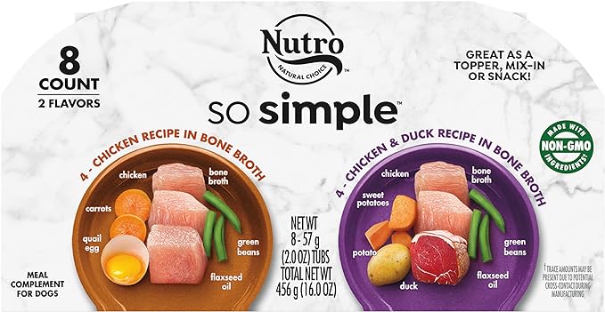 Nutro So Simple Meal Complement Wet Dog Food Chicken and Chicken & Duck Recipes in Bone Broth Variety Pack, 2 oz. Tubs, Pack of 8