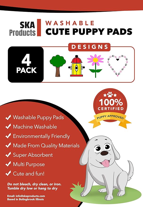 Cute Washable Puppy Pee Pads | 4 Pack Fire Hydrant, Tree, Flower and Heart Designs | Large Super Absorbent Potty Mats | Dog Housebreaking, Pet Crate Training | Multi-Purpose Reusable Eco-Friendly