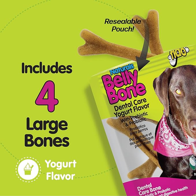 Belly Bones for Dogs, 4 Yogurt Flavor Large Dog Dental Treats (Made in USA) - 4 Count Dog Treats for Large Dogs - Plaque and Tartar Control for Fresh Breath, Digestive Health Support