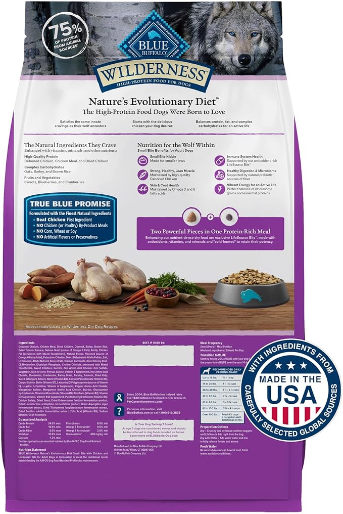 Blue Buffalo Wilderness High Protein Natural Adult Small Bite Dry Dog Food plus Wholesome Grains, Chicken 28 lb bag