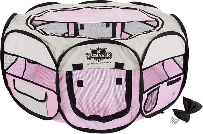 Portable Puppy Playpen - Small Pop-Up Play Yard for Pets Up to 25lbs with Mesh Windows, 2 Pockets, Zippered Roof, and Carry Bag by PETMAKER (Pink)
